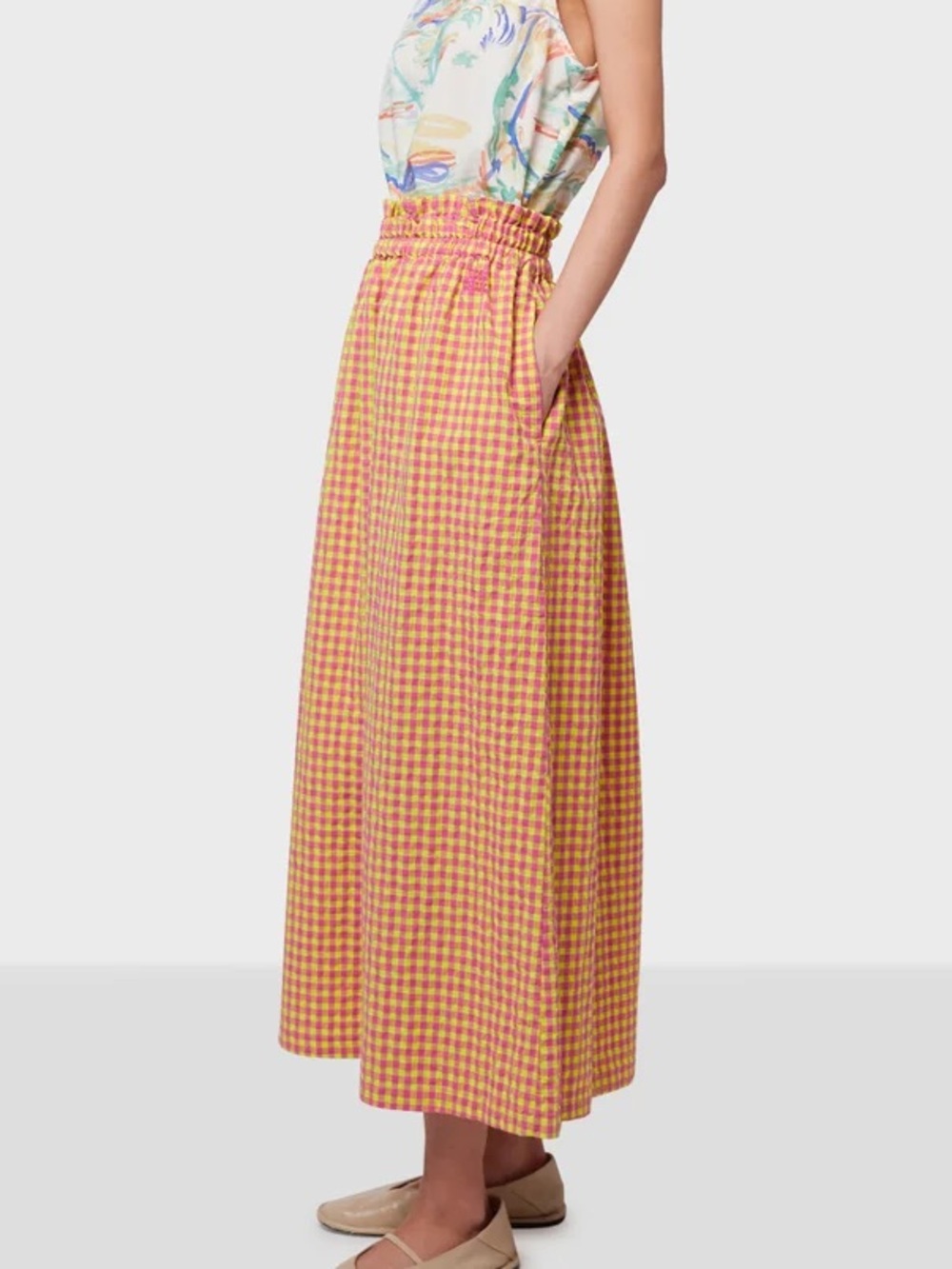 Bobo Choses NEW Gingham Vichy A-Line Maxi Skirt Yellow Pink Cotton Blend